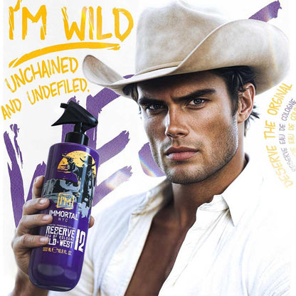 Man in cowboy hat holding a purple bottle with text 'I'm Wild, Unchained, and Undefiled' on a white background