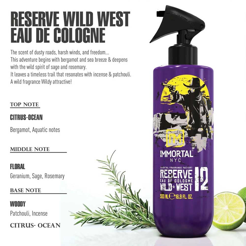 Purple cologne bottle with cowboy graphic on label, surrounded by greenery and lime, on a white background.