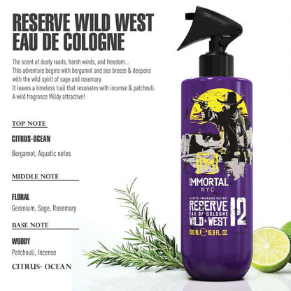 Purple cologne bottle with cowboy graphic on label, surrounded by greenery and lime, on a white background.