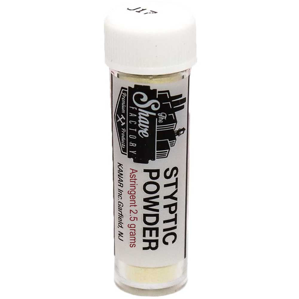 The Shave Factory Nick Relief Styptic Powder 2.5 gram astringent vial with a white cap on a clean white background.