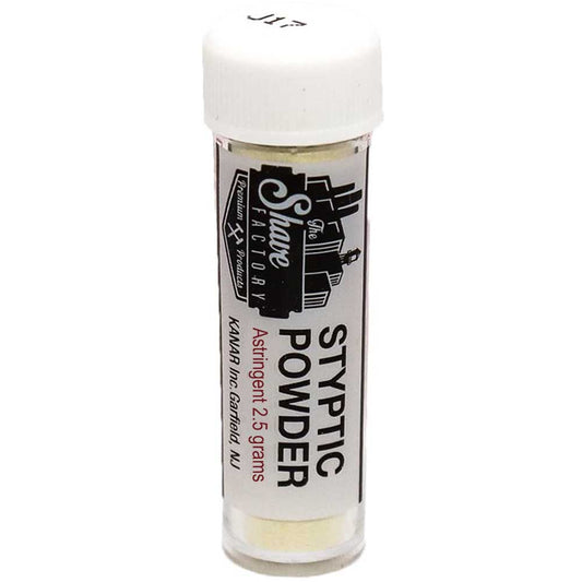 The Shave Factory Nick Relief Styptic Powder 2.5 gram astringent vial with a white cap on a clean white background.