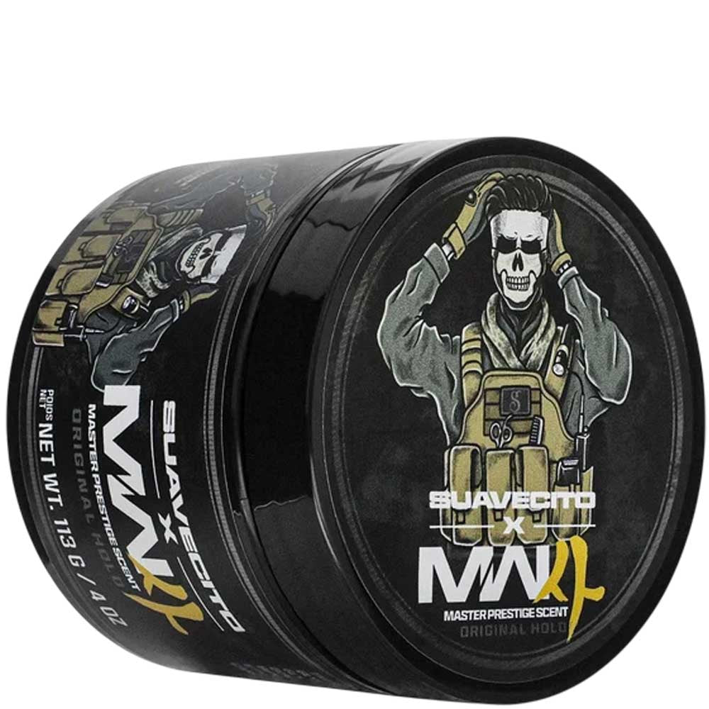 A black cylindrical tin of Suavecito x MW Original Hail Pepper Spray, featuring a graphic of a skeleton soldier in tactical gear on the lid and side label.