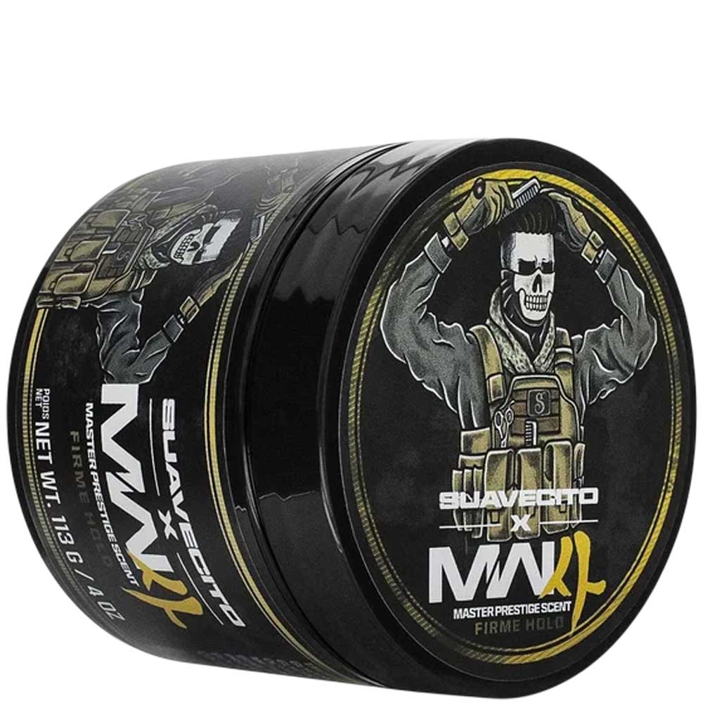 A black cylindrical tin of Suavecito x MWXL Master Prestige Scent, featuring tactical soldier graphics and a skull illustration on the lid, set against a plain white background.