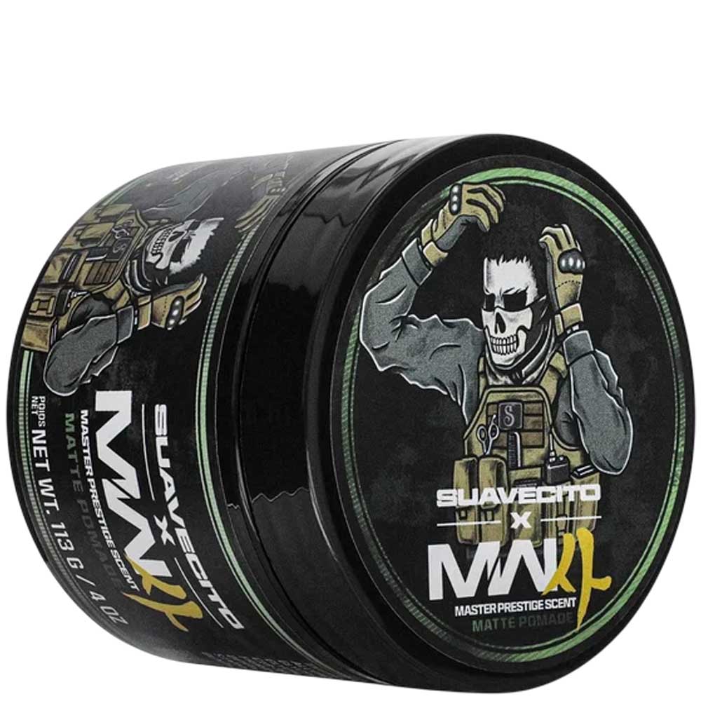 A black cylindrical tin of Suavecito x MAX XL Master Prestige Scent Matte Ponder, featuring a graphic of a skull in tactical gear on the lid.