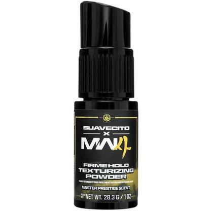 A black spray bottle of Suavecito x MW Firme Hold Texturizing Powder on a plain white background.