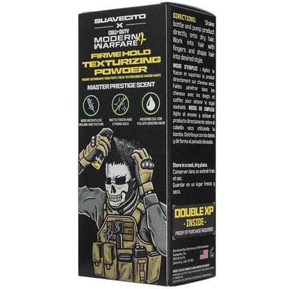 A tall rectangular product box for Suavecito x Call of Duty Modern Warfare Fire & Hold Texturizing Powder. The packaging is black with yellow and white text, a skull in tactical gear illustration, and product details including scent and usage directions.
