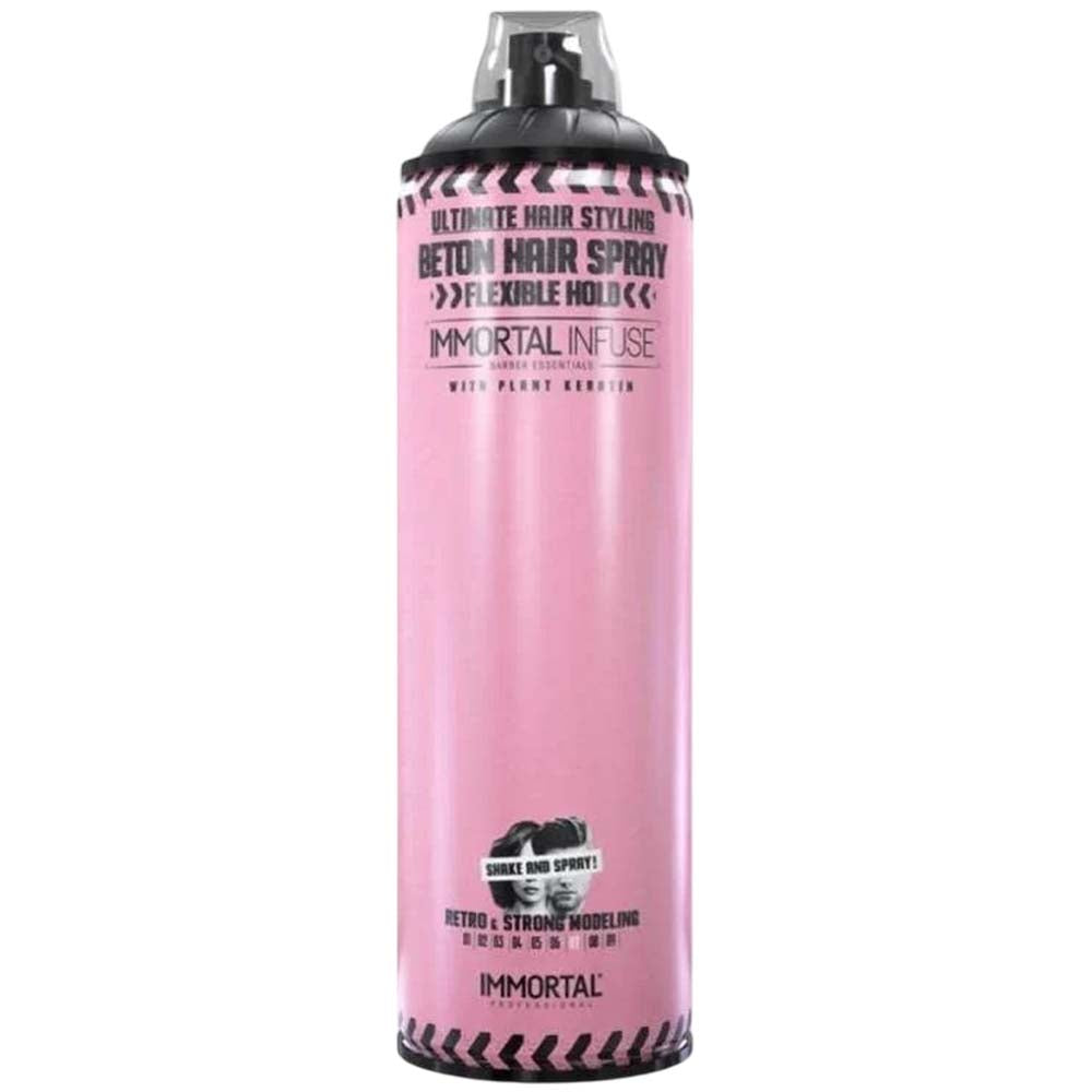 Pink hair spray can with black label on a white background