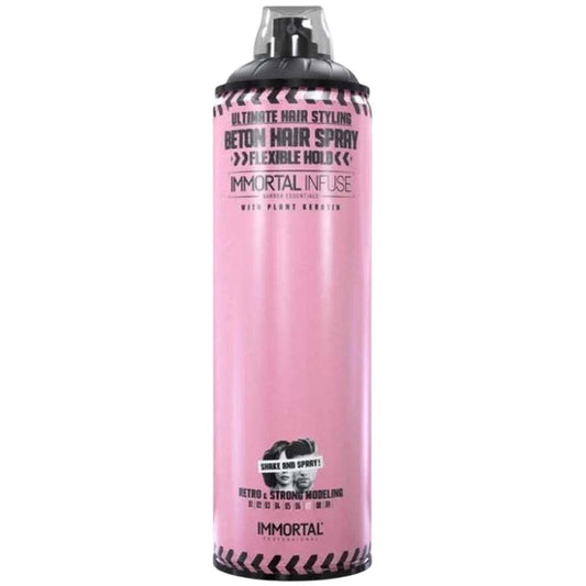 Pink hair spray can with black label on a white background