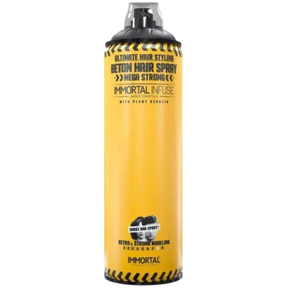 Yellow hair spray can with black label on a white background