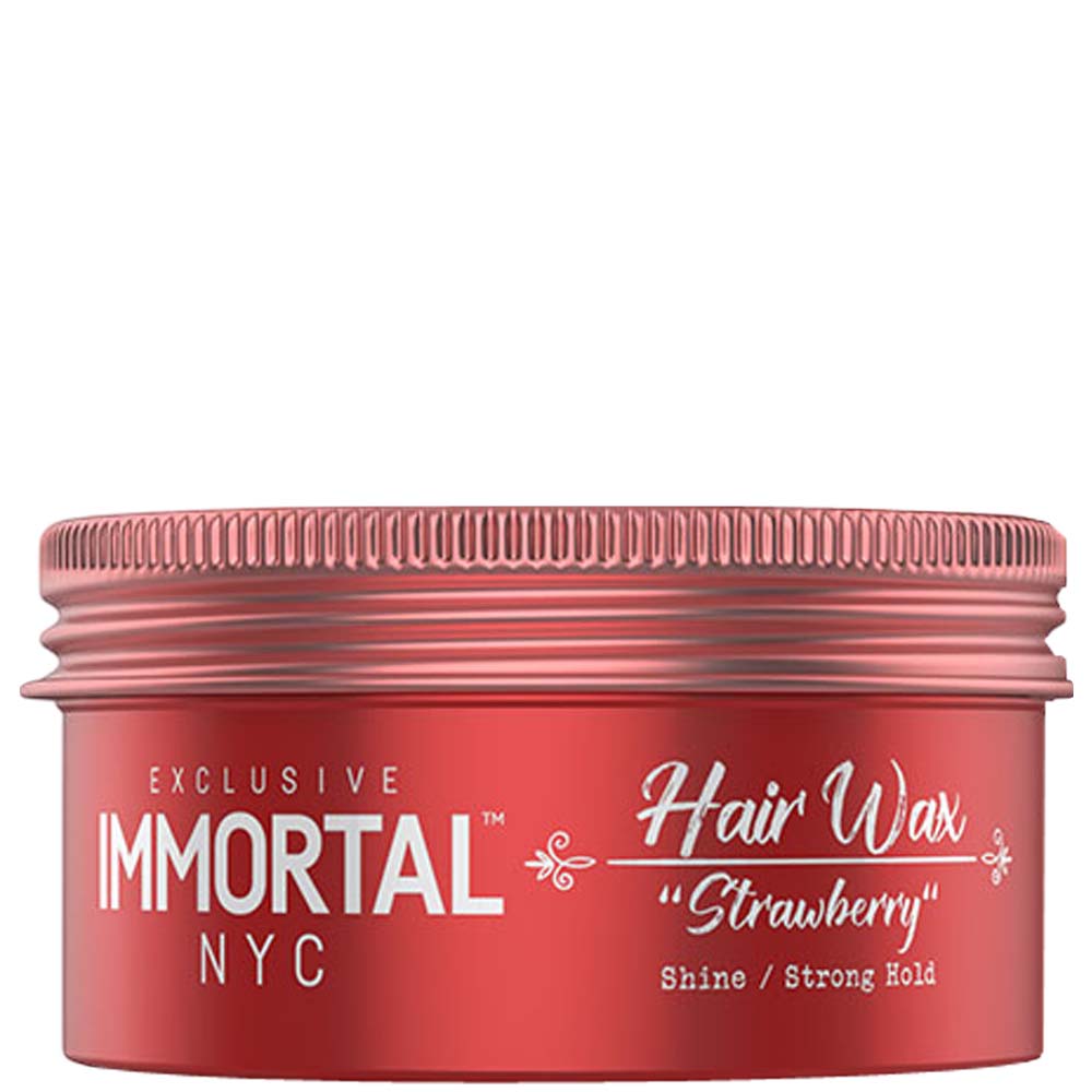 Red container of Immortal NYC Strawberry Hair Wax on a white background