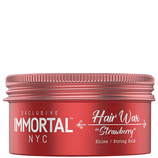 Red container of Immortal NYC Strawberry Hair Wax on a white background
