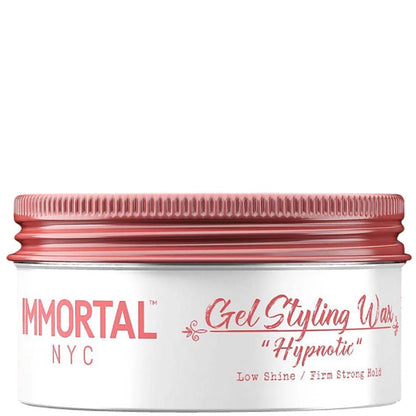 Jar of Immortal NYC Gel Styling Wax with pink lid on a white background