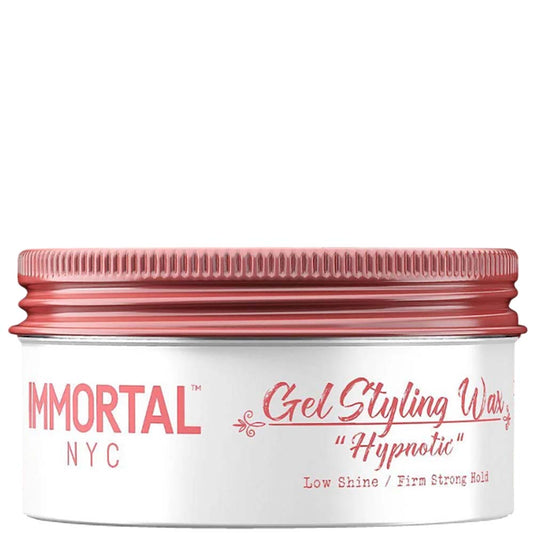 Jar of Immortal NYC Gel Styling Wax with pink lid on a white background