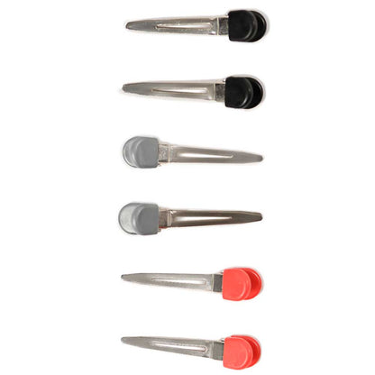 Six hair claw clips arranged vertically on a white background, featuring clear plastic bodies with black, gray, and red plastic end caps.