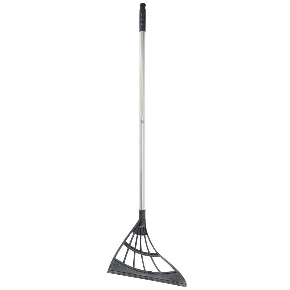 A long-handled garden rake with a black rubber blade and a silver metal handle, shown against a plain white background.