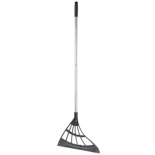 A long-handled garden rake with a black rubber blade and a silver metal handle, shown against a plain white background.