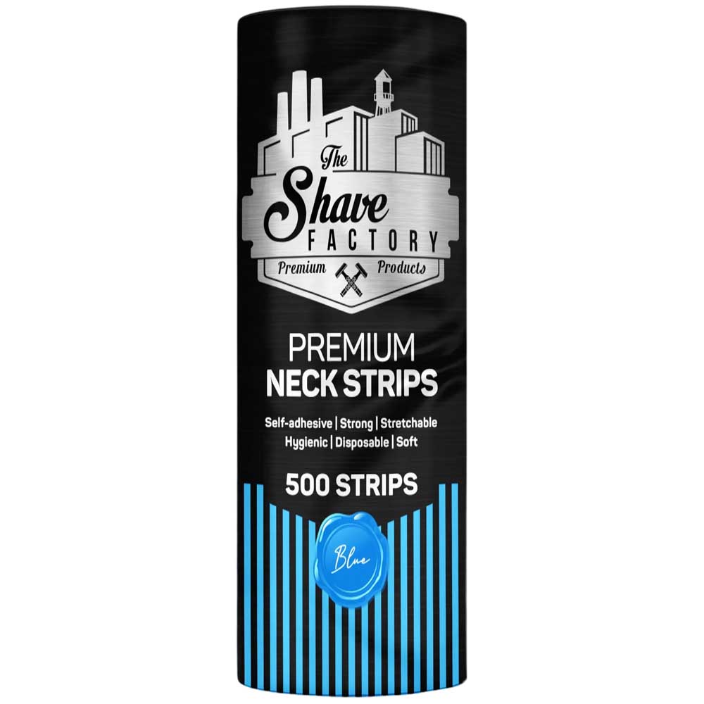The Shave Factory Disposable Blue Neck Strips 500 count pack front view