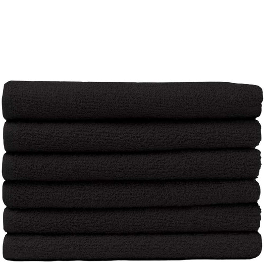 Stack of six folded black ProTex Bleach Guard StylePRO salon towels against a white background.