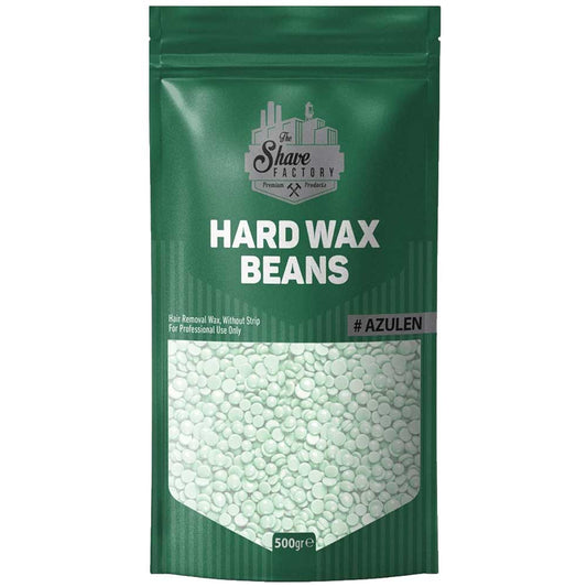 The Shave Factory Azulen Hard Wax Beans 500g green resealable pouch package on a white background.