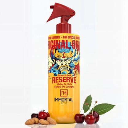 Yellow bottle with red spray nozzle and colorful label on a white background
