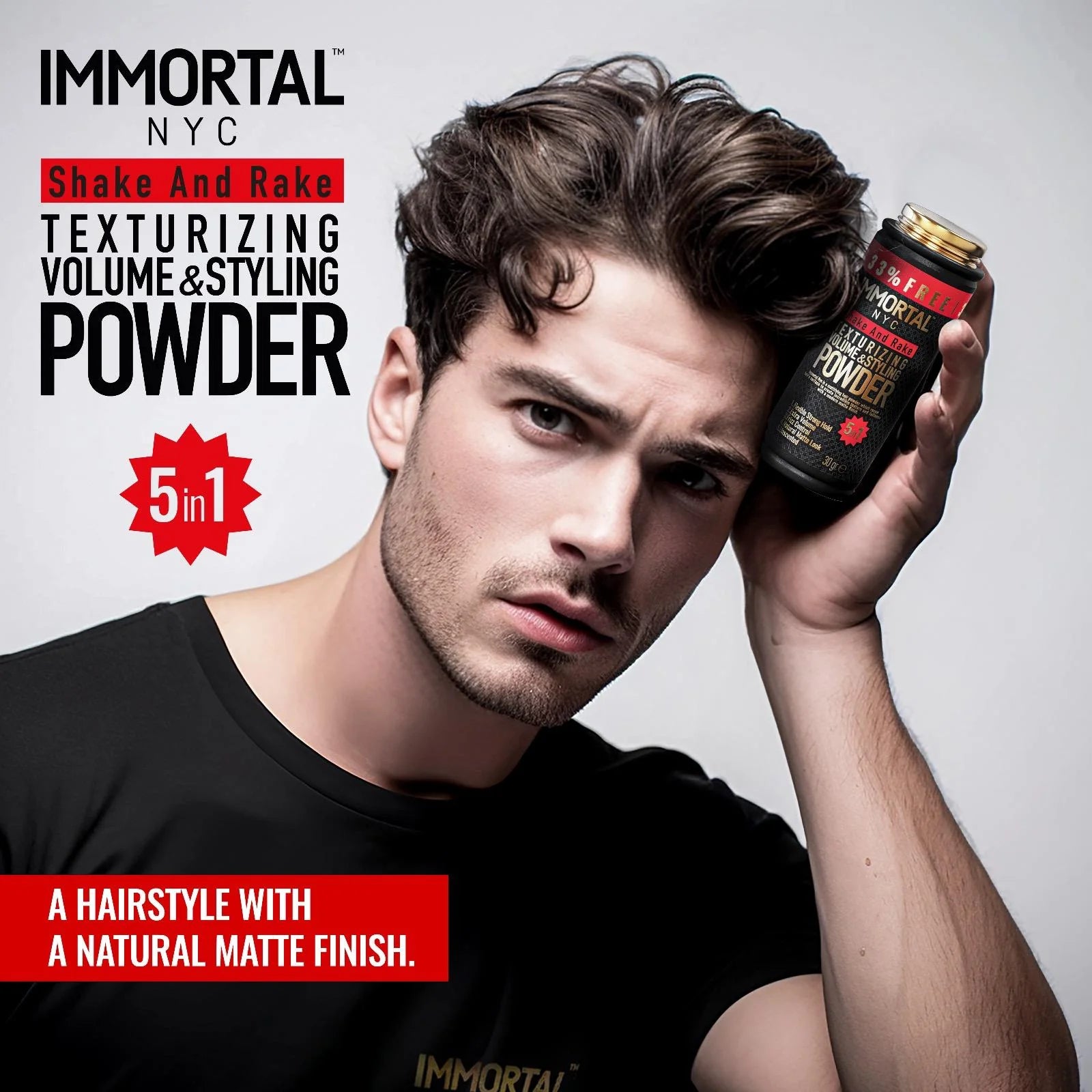 Man holding Immortal NYC hair product with text about texture and styling powder.