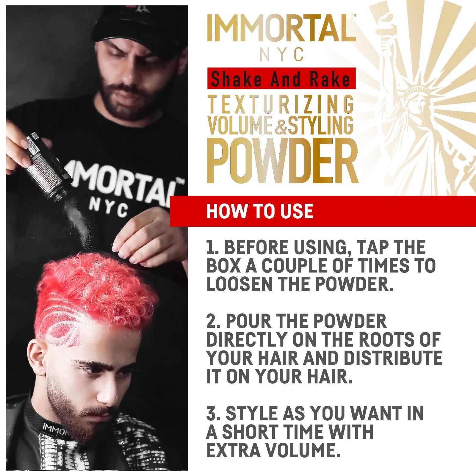 Advertisement for Immortal NYC hair powder with instructions on how to use it.