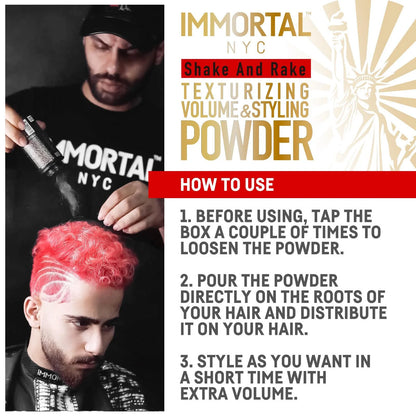 Advertisement for Immortal NYC hair powder with instructions on how to use it.