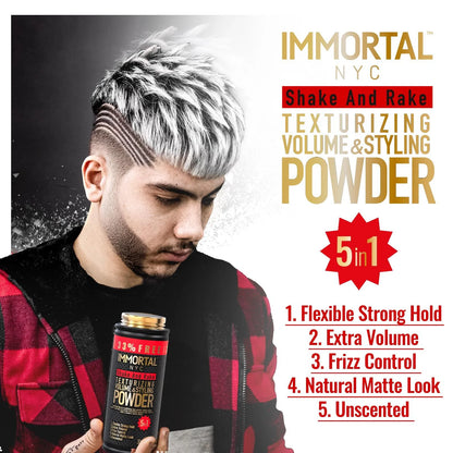 Advertisement for Immortal NYC shake and rake texturizing volume and styling powder with a man holding the product.