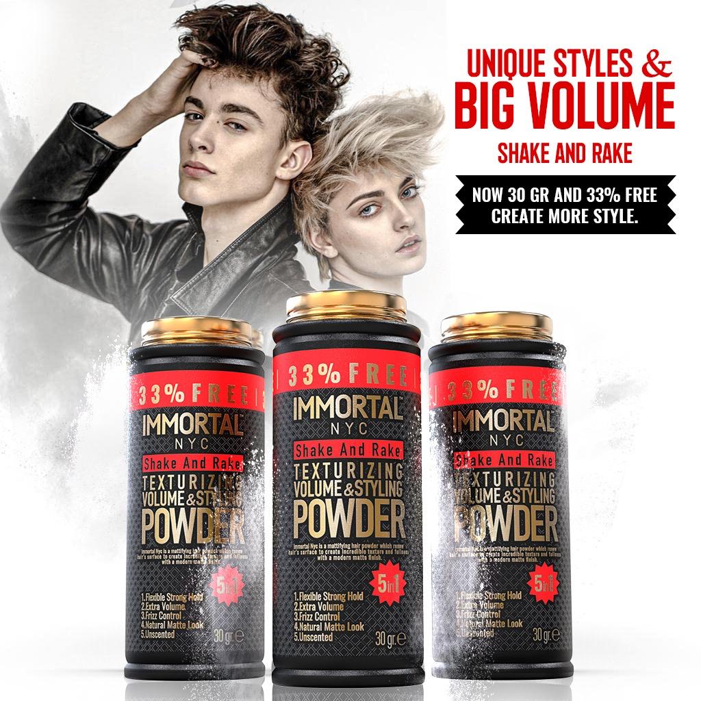Three cans of Immortal NYC shake and rake powder with a model in the background.
