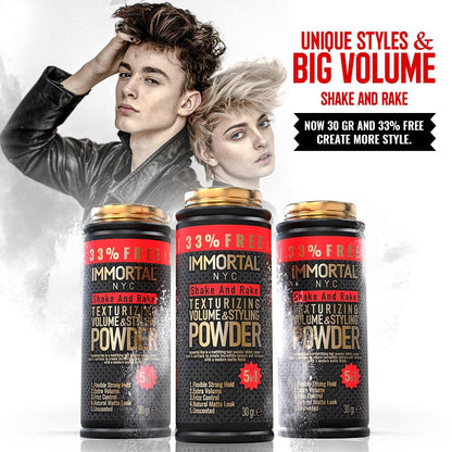 Three cans of Immortal NYC shake and rake powder with a model in the background.