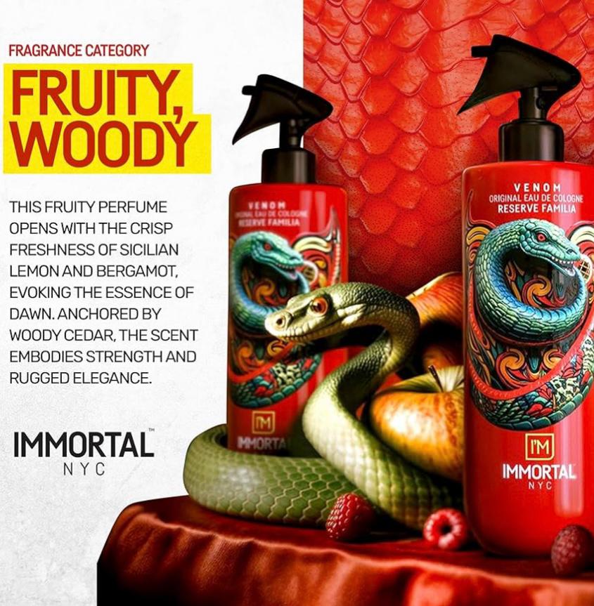 Two bottles of Immortal NYC perfume with a snake and fruit on a red background