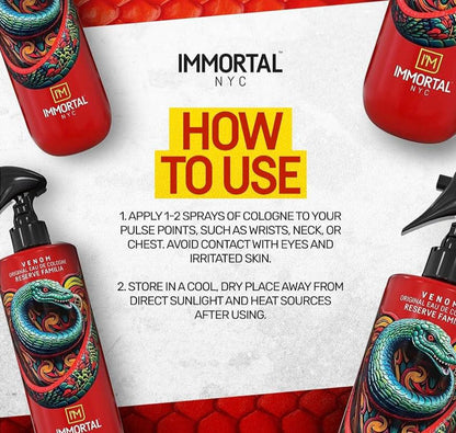 Immortal NYC cologne bottles with usage instructions on a white background
