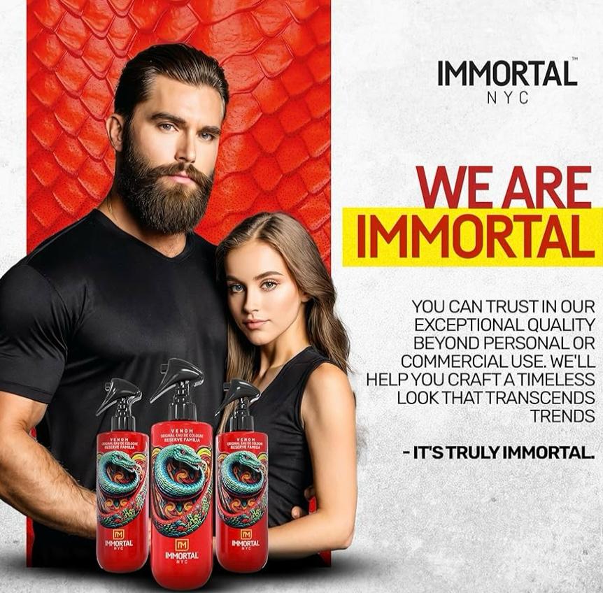 Advertisement for Immortal NYC hair products featuring a man and woman holding bottles with a red and white background.