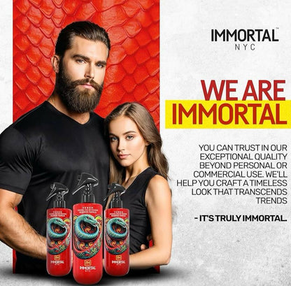 Advertisement for Immortal NYC hair products featuring a man and woman holding bottles with a red and white background.