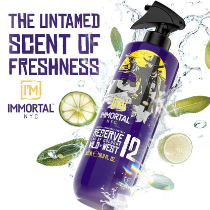 Purple bottle of Immortal NYC cologne with lime slices and leaves on a white background