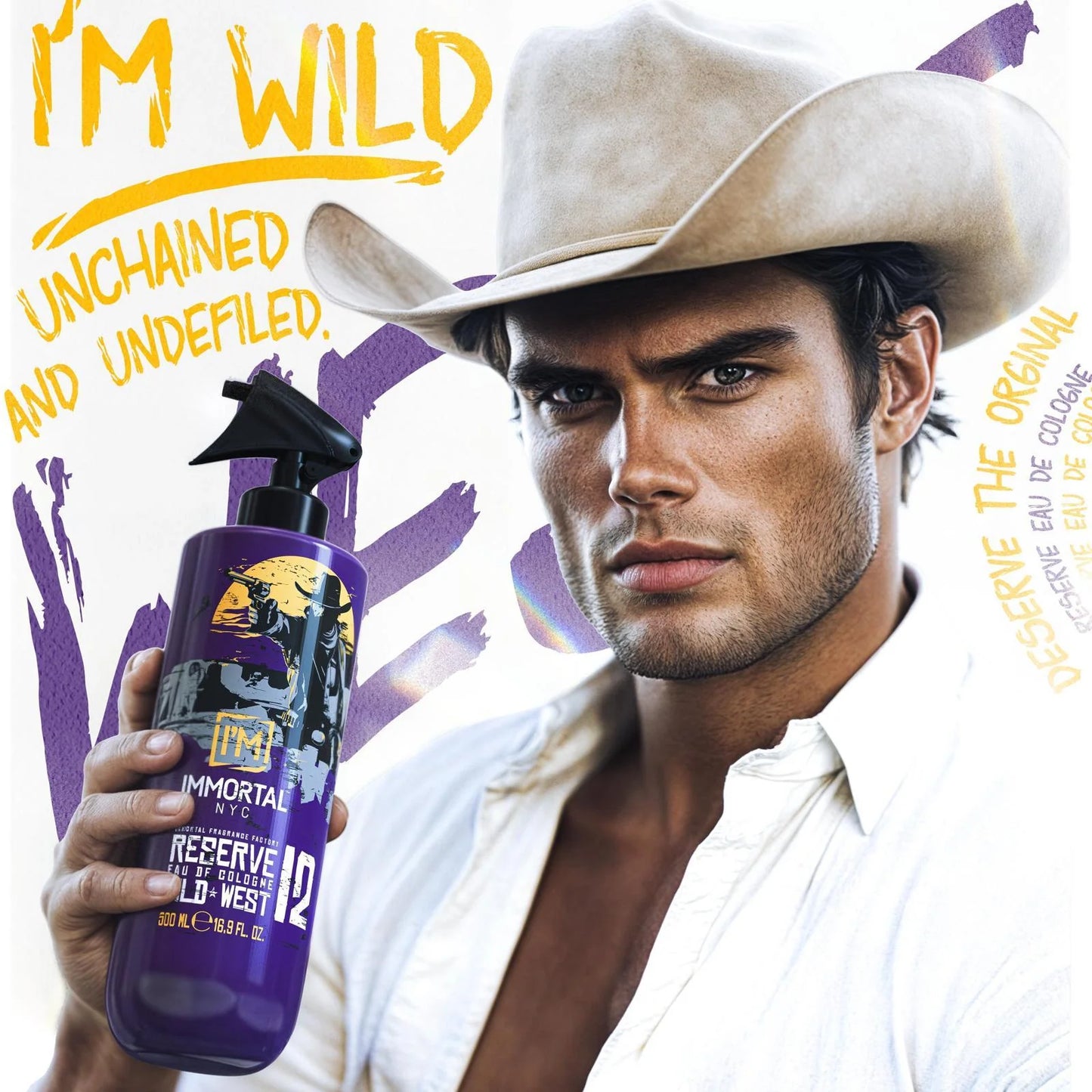 Man in cowboy hat holding a bottle of 'Immortal' cologne with text 'I'm Wild, Unchained and Undefiled' on a purple background.
