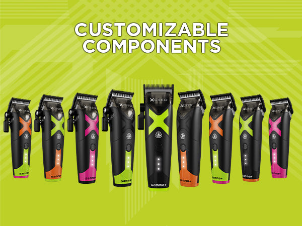 A promotional lineup of multiple GAMMA+ XCEED Trimmer units in various custom accent colors, displayed side-by-side with bold heading text reading "Customizable Components."