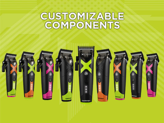 A promotional lineup of multiple GAMMA+ XCEED Trimmer units in various custom accent colors, displayed side-by-side with bold heading text reading "Customizable Components."