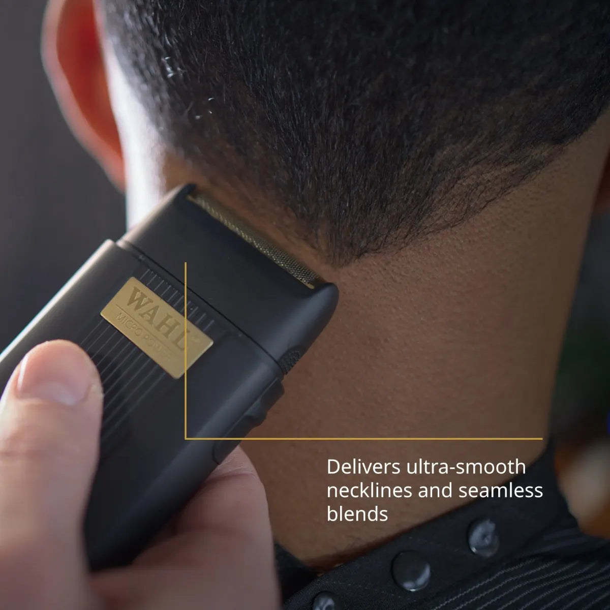 Person using a Wahl trimmer on their neck with text highlighting product feature.