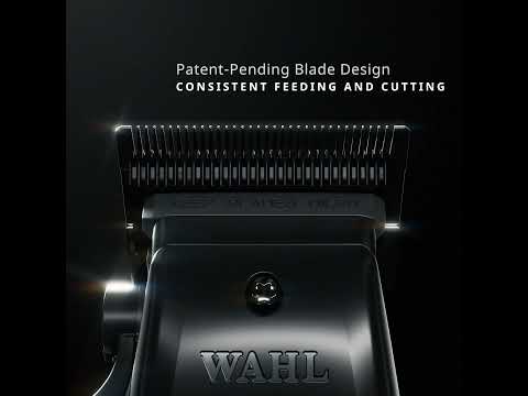 WAHL 5 STAR VAPOR CLIPPER

An informative product graphic showcasing an extreme close-up view of the top half of the Wahl 5 Star Vapor Clipper. The image features a sleek, matte black clipper body facing forward, highlighting the fine teeth of its signature cutting blade under professional studio lighting. Bold white overlay text centered above the blade reads: "Patent-Pending Blade Design CONSISTENT FEEDING AND CUTTING" | BeauBar Supply