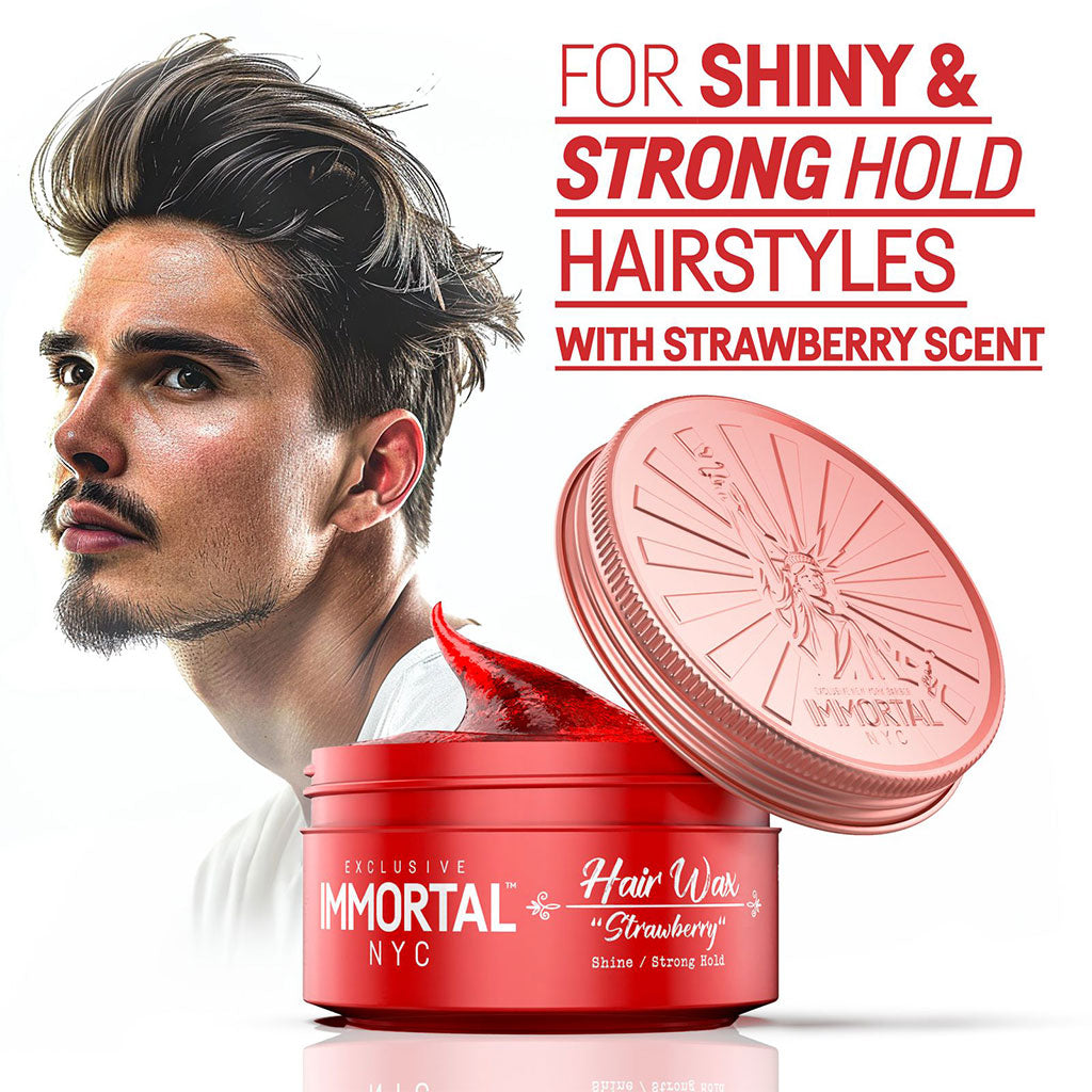 Red hair wax container with a man's face and product description on a white background